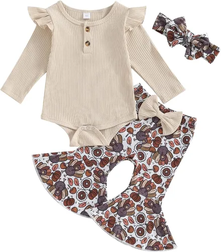 Miniatura 89 de Kuriozud Conjunto de mameluco con volantes para bebé recién nacida, con volantes, lindo conjunto de pantalones acampanados con diadema