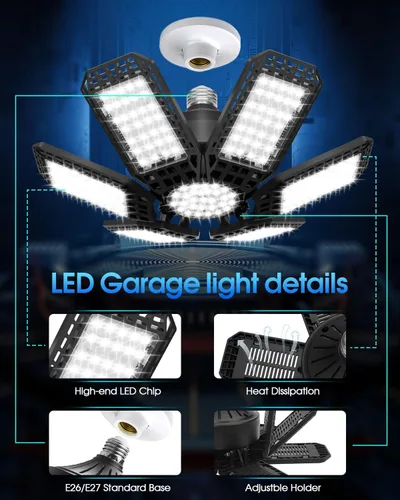 Miniatura 5 de AUDLES - Paquete de 1 luz de garaje, 200 W, 20000 lm, 6500 K, luces LED para taller, luces de techo LED para garaje con 6+1 paneles deformables