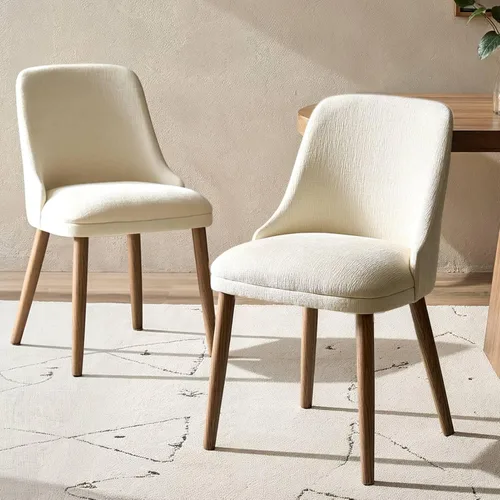 HULALA HOME Juego de 2 sillas de comedor tapizadas de tela marfil con patas de madera maciza, respaldo acolchado, sillas decorativas modernas de