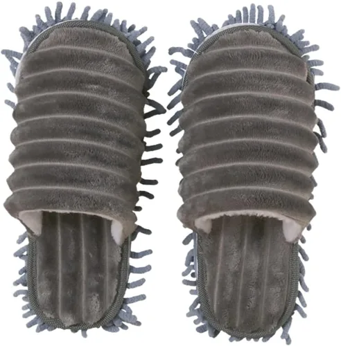 1 par de pantuflas de limpieza de pisos de rayas peludas con tamaño inferior desmontable, color gris, unisex, zapatilla de trapeador para