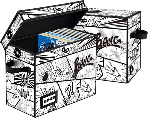 Paquete de 2 cajas de almacenamiento para cómics, colección de 40 cm x 20 cm x 30 cm, plegable, contenedor organizador para 160-180 cómics, estante