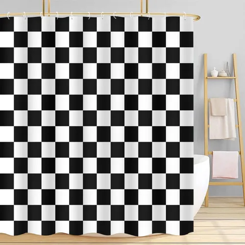 Cortina de ducha a cuadros en blanco y negro, bonita cortina de ducha retro de tablero de ajedrez para decoración de baño, 72 x 72 pulgadas, cortina