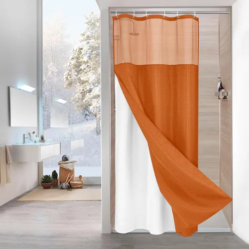 Miniatura 24 de MitoVilla Cortina de ducha pequeña beige de 36 x 72 pulgadas, juego de cortina de ducha de tela de punto gofre de tamaño medio estrecho con forro