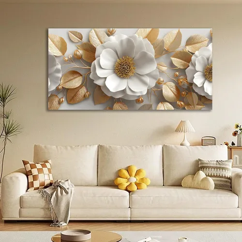 Miniatura 7 de Tarfupth Lienzo floral para pared de sala de estar, flores doradas y blancas, obra de arte botánica grande para dormitorio, oficina, decoración