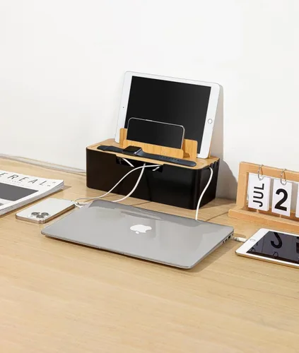 Miniatura 5 de Caja de organización de cables con tapa de madera, organizador multidispositivo para teléfonos/tabletas/relojes inteligentes, organizador de cables