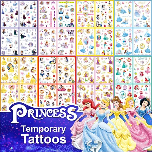 Tatuajes de princesa para niños, 40 hojas de tatuajes de dibujos animados para niñas y niños, 9 tipos de lindas series de princesas, calcomanías
