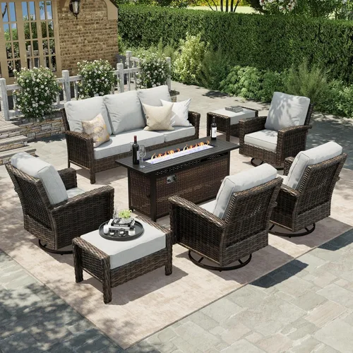 HERA'S HOUSE - Juego de 8 muebles para exteriores con mesa de fogata, juego de conversación para patio con cojines de 14 cm de grosor y sillas Gris