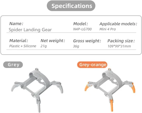 Miniatura 6 de Tren de aterrizaje extendido para DJI Mini 4 Pro, pata de araña de aterrizaje plegable compatible con accesorios Mavic Mini 4 Pro, gris