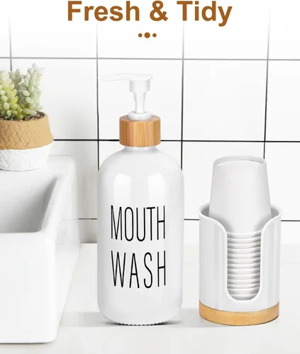 Miniatura 6 de Dispensador de enjuague bucal con bomba, recipiente de enjuague bucal de vidrio para encimera de baño, decantador de botella de lavado bucal, negro