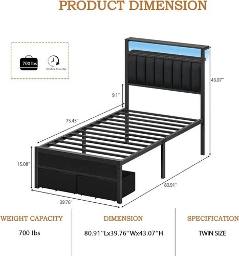 Miniatura 2 de Furnulem Bases de Cama Individual con Estación de Carga y Luces LED, Cabecero Tapizado Gris con Estantes, Cama de Plataforma de Metal con 2