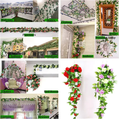 Miniatura 5 de Zhiheng Paquete de 4 vides artificiales de rosas artificiales de 78 pies con hojas verdes, flores falsas, plantas colgantes de jardín, guirnalda