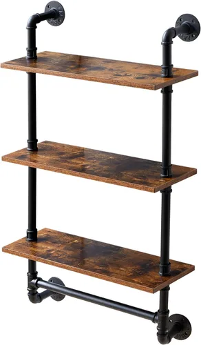 IBUYKE Estante industrial para tubería, estantería de montaje en pared de 40.5 pulgadas, estante de pared de 3 niveles con toallero, estantes