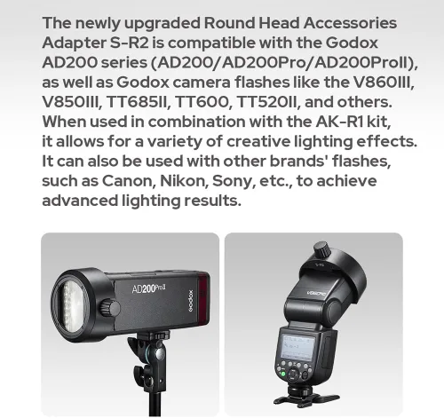 Miniatura 3 de Godox Adaptador de cabeza redonda S-R2 – Compatible con la serie AD200, V860III, V850III, TT685II, V480 (V480 necesita junta) y Canon/Nikon/Sony