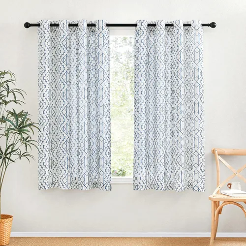RYB HOME Bohimen - Cortinas traslúcidas de lino de 63 pulgadas, patrón geométrico rústico para filtrar la luz, protege la privacidad para sala de