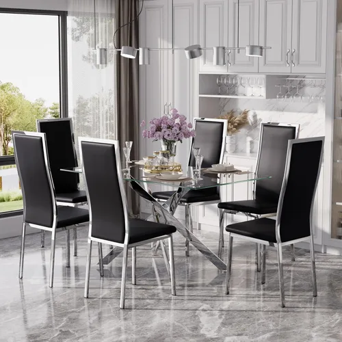 Miniatura 41 de Juego de mesa de comedor de cristal dorado moderno de 63 pulgadas para 6, juego de mesa de cocina rectangular de 7 piezas con patas de acero Negro