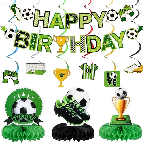 Hanaive 16 piezas de decoración de fiesta de cumpleaños de fútbol, incluye pancarta de feliz cumpleaños, centros de mesa, recortes de papel,
