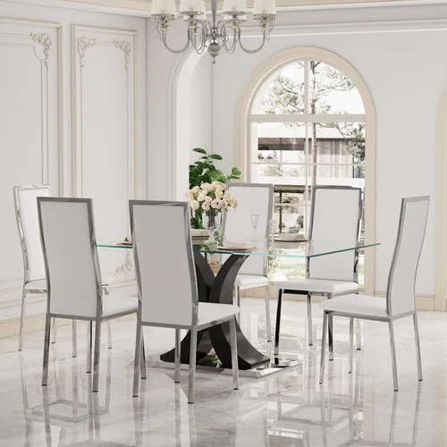Miniatura 22 de Moderno juego de mesa de comedor rectangular de vidrio para 4, 63 pulgadas, mesa transparente de cocina de lujo con base negra y dorada, 4 sillas