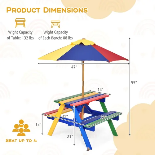 Miniatura 6 de Costzon Mesa de picnic para niños, mesa y sillas de madera de abeto para exteriores con paraguas extraíble, mesa de picnic para niños pequeños