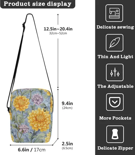Miniatura 3 de Vintage Dahlia Flower Yellow Purple messenger bag cute green crossbody bags for women Casual Purse Lady Shoulder Handbags Adjustable Strap for