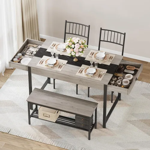 Miniatura 6 de IDEALHOUSE Juego de mesa de comedor para 4 personas, mesa de cocina pequeña y 2 sillas para 4 con banco, juego de mesa rectangular de granja de Gris