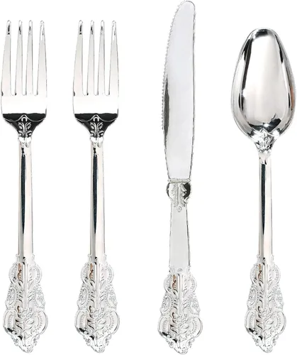 Miniatura 17 de WDF 180 cubiertos de plástico plateado – cubiertos de plástico plateado – cubiertos de plástico elegante resistente – 60 tenedores, 60 cuchillos, 60