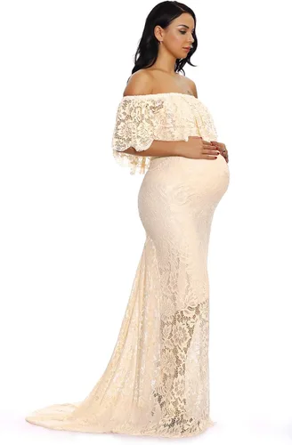 Miniatura 3 de ZIUMUDY Vestido de maternidad de encaje con volantes y hombros descubiertos para mujer, maxi vestido de fotografía para baby shower