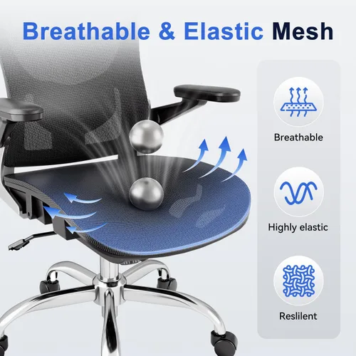 Miniatura 6 de marrap Silla de oficina ergonómica, cojín de asiento de malla con reposabrazos 3D y reposacabezas 3D, soporte lumbar ajustable con función de Negro