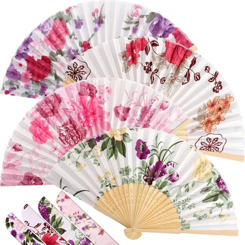 Miniatura 18 de Zonon Paquete de 4 abanicos plegables florales de mano, abanicos de bambú de seda con borla para mujer, ventilador plegable de mano ahuecado