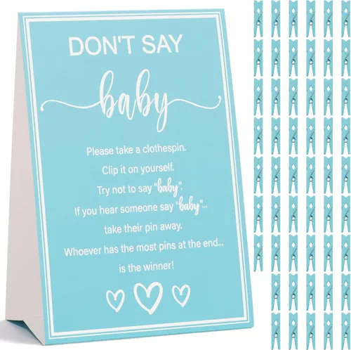 Juegos de baby shower para niños, juego de Don't Say Baby Game, 1 letrero y 52 mini pines azules para ropa, juego de pinzas para ropa de baby shower