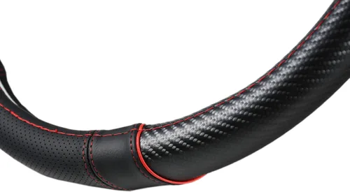 Miniatura 7 de Funda para volante de fibra de carbono + cuero con franjas deportivas en la parte superior, antideslizante y absorbente de sudor, ajuste universal