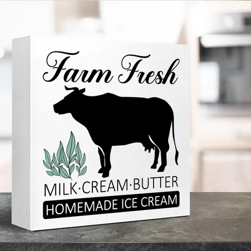 Miniatura 3 de LVQHI Letrero de madera artesanal con diseño de granja de crema de leche fresca y mantequilla, heladería casera, letrero de granja lechera