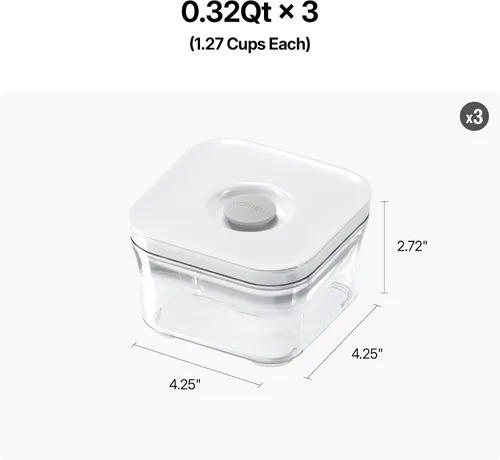Miniatura 2 de VAKUEN Contenedores Herméticos Premium para Almacenamiento de Alimentos, Mini Cuadrados 3 piezas/juego (0.32 qt), Tapa de Sellado Inteligente de Un