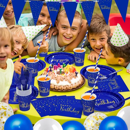 Miniatura 6 de DYLIVeS Paquete de 204 piezas de decoraciones de cumpleaños azules, puntos de aluminio azules y dorados, suministros de fiesta de feliz cumpleaños