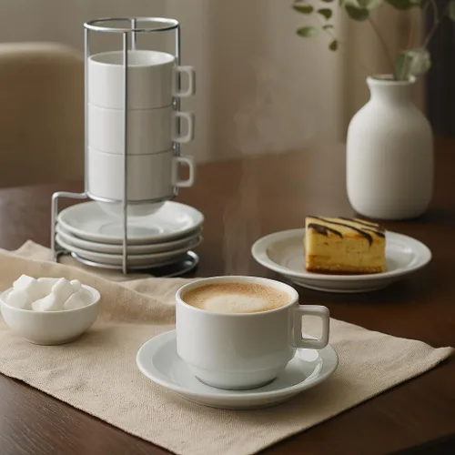 Miniatura 4 de HIC - Juego de té apilable de 9 piezas de café capuchino (porcelana), color blanco