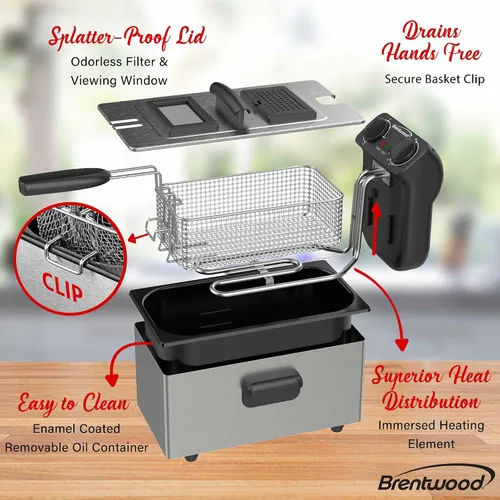 Miniatura 5 de Brentwood DF-730S - Freidora eléctrica de acero inoxidable de 1500 W, 3 L, 12 tazas con temperatura ajustable y filtro sin olor, cesta extraíble