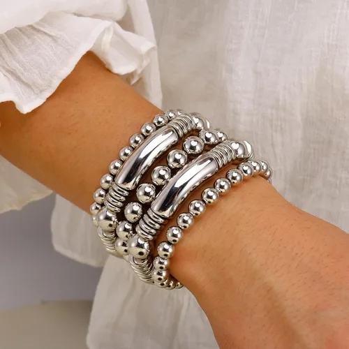 Miniatura 4 de Brazalete chapado en oro de 14 quilates para mujer, grueso, curvado, apilable, chapado en cuentas, pulseras elásticas