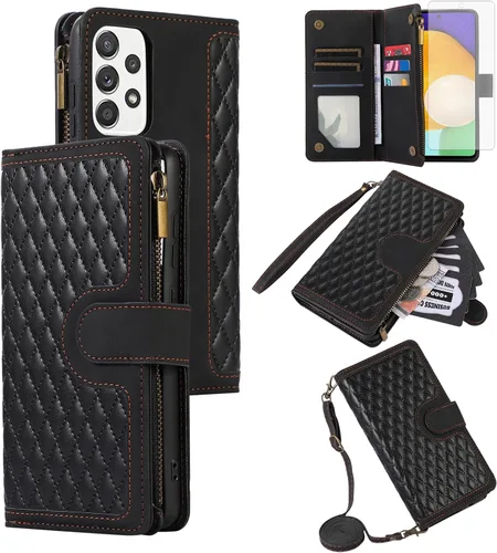 Asuwish Funda de teléfono para Samsung Galaxy A52/A52S 5G Funda tipo cartera con protector de pantalla de vidrio templado y correa para la muñeca