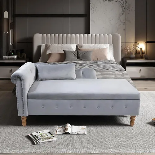 Miniatura 7 de Aoowow Banco de almacenamiento de terciopelo para dormitorio, extremo de la cama, sofá con brazo enrollado, tumbona para interiores con Gris 58