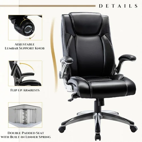 Miniatura 5 de Silla de oficina ejecutiva de cuero, silla de oficina ergonómica con soporte lumbar ajustable, silla de escritorio de computadora con respaldo alto
