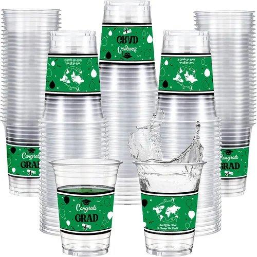 Miniatura 8 de Qinyoung 100 vasos de plástico con lazo rosa de 12 onzas, vasos desechables de coqueta, lazo rosa y corazón, vasos de plástico transparente