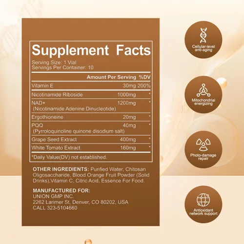 Miniatura 6 de Suplemento líquido NAD+ de 1200 mg con ribósido de nicotinamida, PQQ y extracto de semilla de uva para vitalidad celular, metabolismo energético