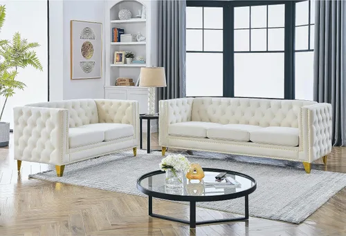 Miniatura 14 de KEIKI Sofá de terciopelo copetudo de 2 plazas para sala de estar, sofá con brazos cuadrados copetudos para apartamento en el hogar, color beige