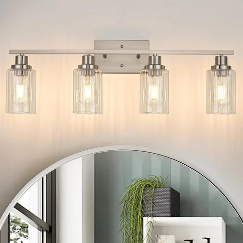 Miniatura 14 de Jonsi Accesorios de iluminación de baño dorados, 2 luces de tocador de oro cepillado con pantalla de vidrio estriada, luces modernas sobre espejo