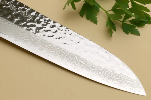 Miniatura 5 de Yoshihiro VG-10 Cuchillo de chef japonés multiusos de Damasco Santoku de 46 capas (mango de palisandro de 7 pulgadas)