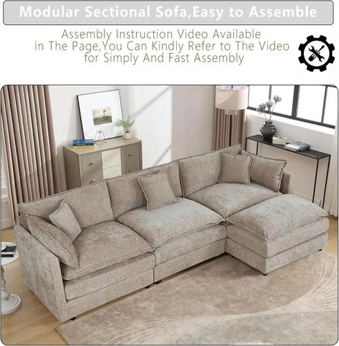 Miniatura 4 de Setawix Sofá Profundo de 3 Plazas con Otomana, Sofás de Nube en Forma de L de 112.2" para Sala de Estar, Sofá de Nube de Chenilla con Asiento Café