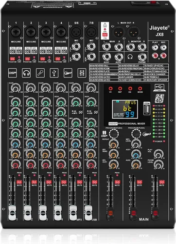 Miniatura 8 de Mezclador DJ de 6 canales, mezclador de audio profesional, metal, efectos preestablecidos DSP 99, tablero de sonido Bluetooth, alimentación fantasma
