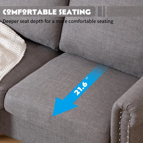 Miniatura 4 de J.C.UP Sofá biplaza de 57 pulgadas, sofás pequeños para sala de estar con tela de lino, cómodo sofá tapizado para dormitorio con patas de madera Gris