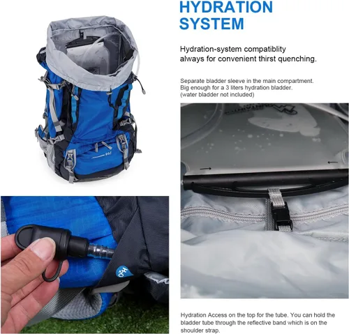 Miniatura 4 de MOUNTAINTOP Mochila de marco interno de 80L para hombre y mujer Mochila de senderismo con cubierta de lluvia Azul-80L