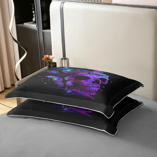 Miniatura 5 de Erosebridal Juego de funda de edredón 100% algodón con diseño de calavera morada, diseño de mariposa psicodélica retro, funda de edredón gótica