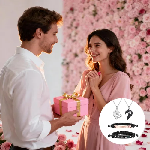 Miniatura 5 de HUASAI Juego de 4 collares de corazón para mujeres, parejas, collares, pulseras a juego para parejas, regalos de joyería, colgante, collar a juego